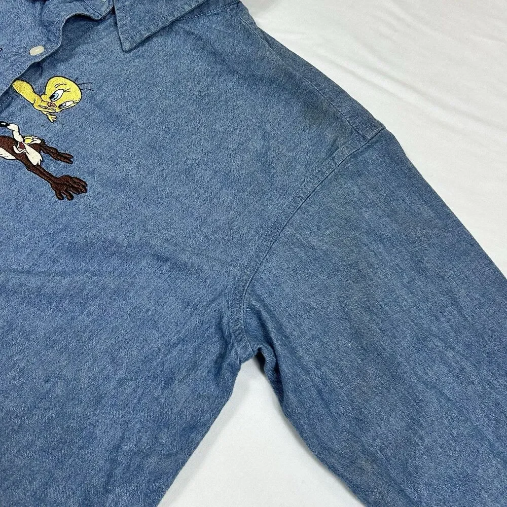 Warner Bros. Studio Store Looney Tunes Cotton Chambray Blue Shirt Embroidered - Picture 9 of 16